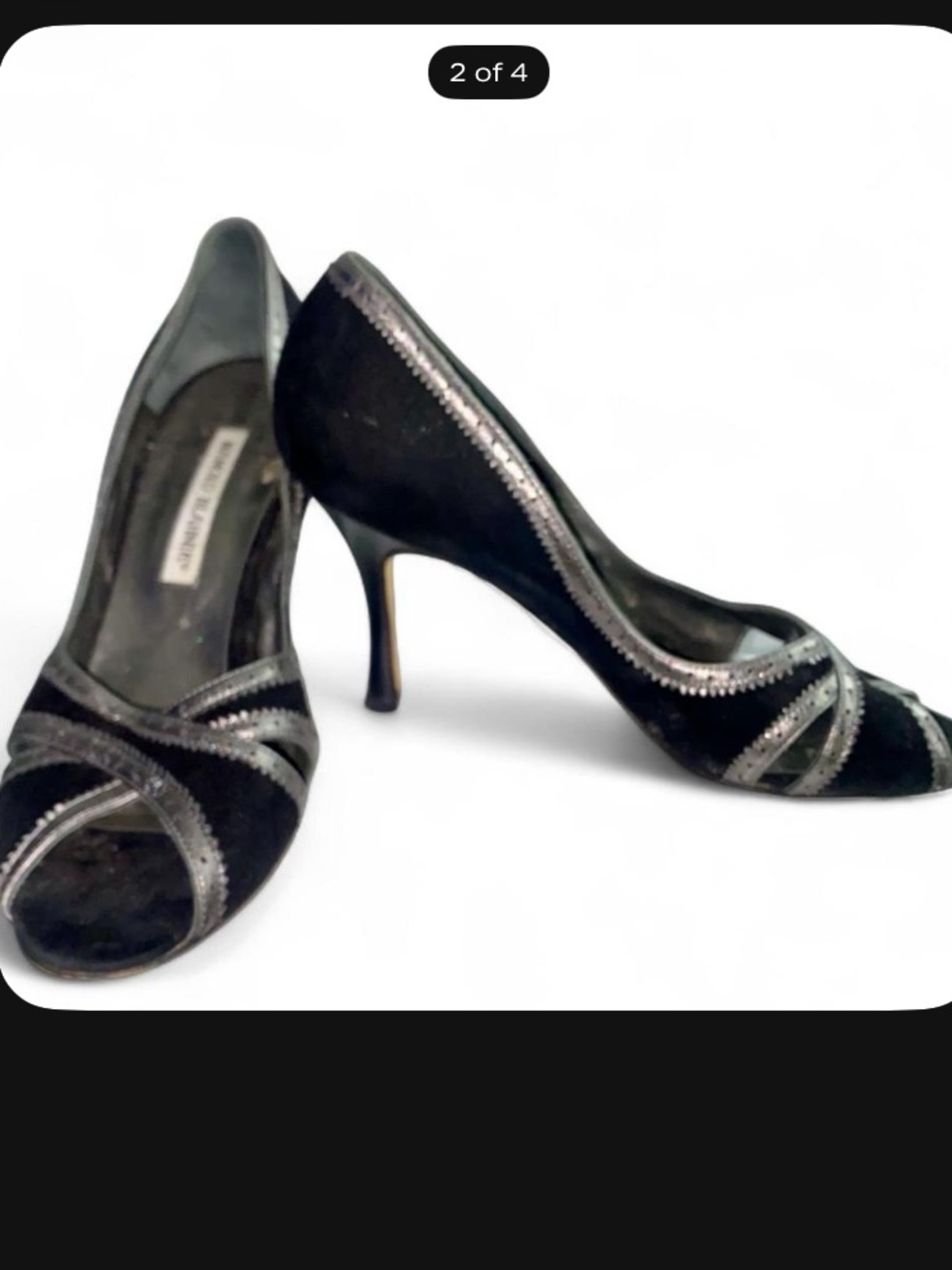 Manolo Blahnik Black Suede Peep-Toe Heels with Silver Trim